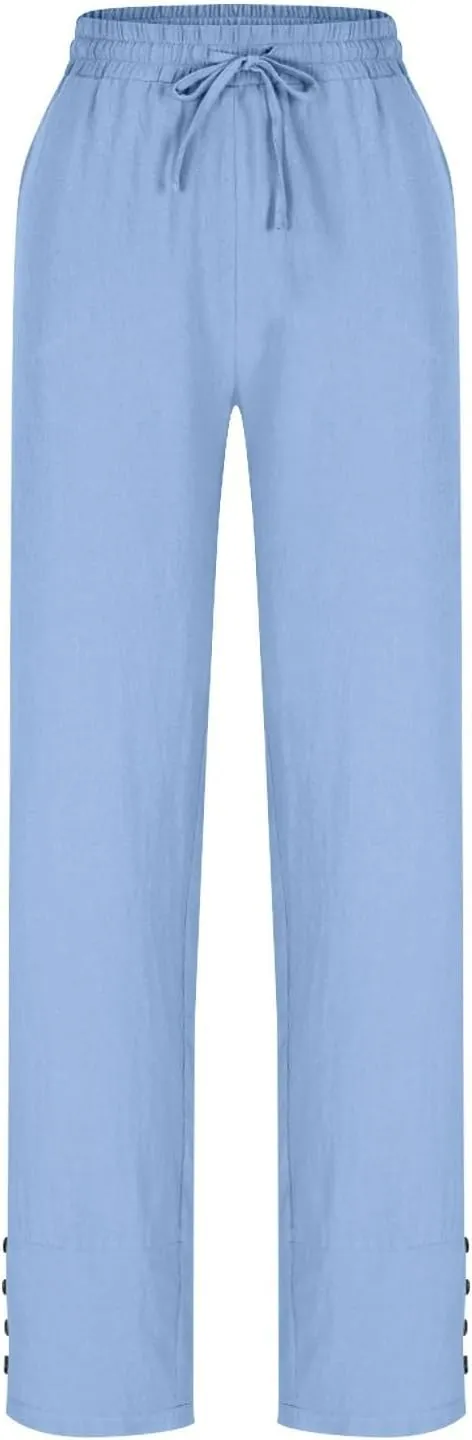 Womens Linen Pants 2025 Summer Lightweight Flowy Wide Leg Pants Loose Casual High Waist Trousers with Pocket
