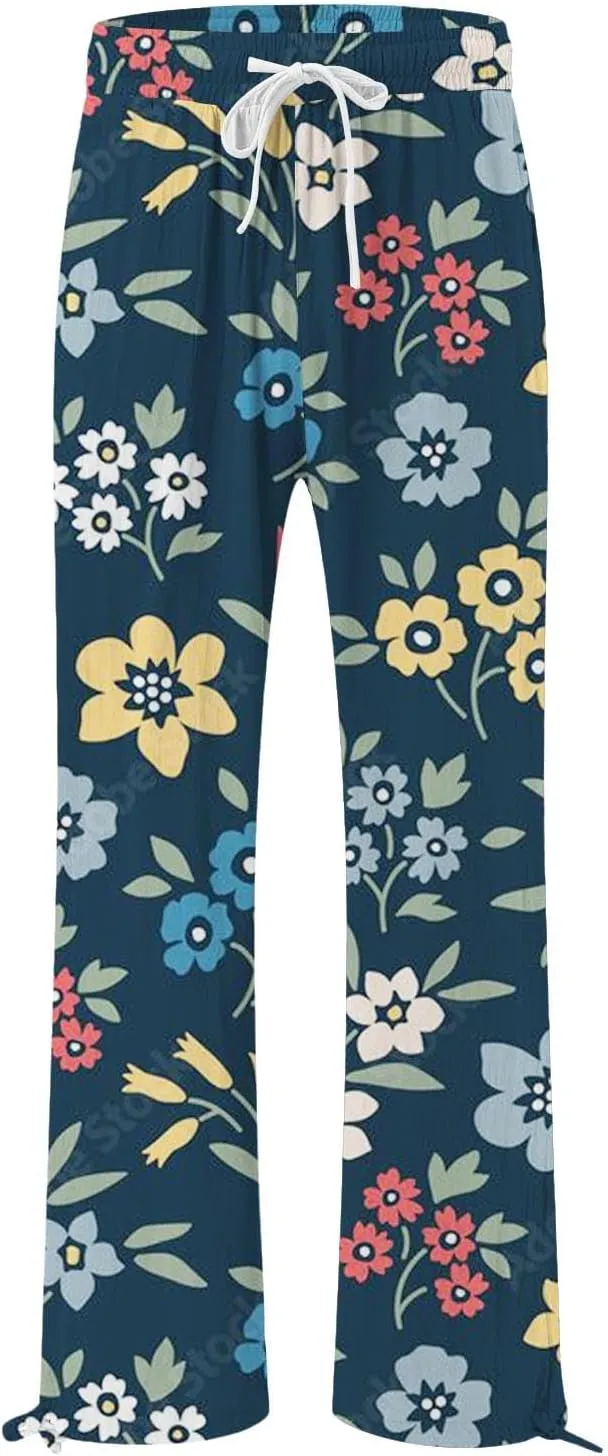 Womens Linen Pants Boho Wide Leg High Waisted Palazzo Retro Printed Pants Summer Flowy Beach Lounge Casual Clothes