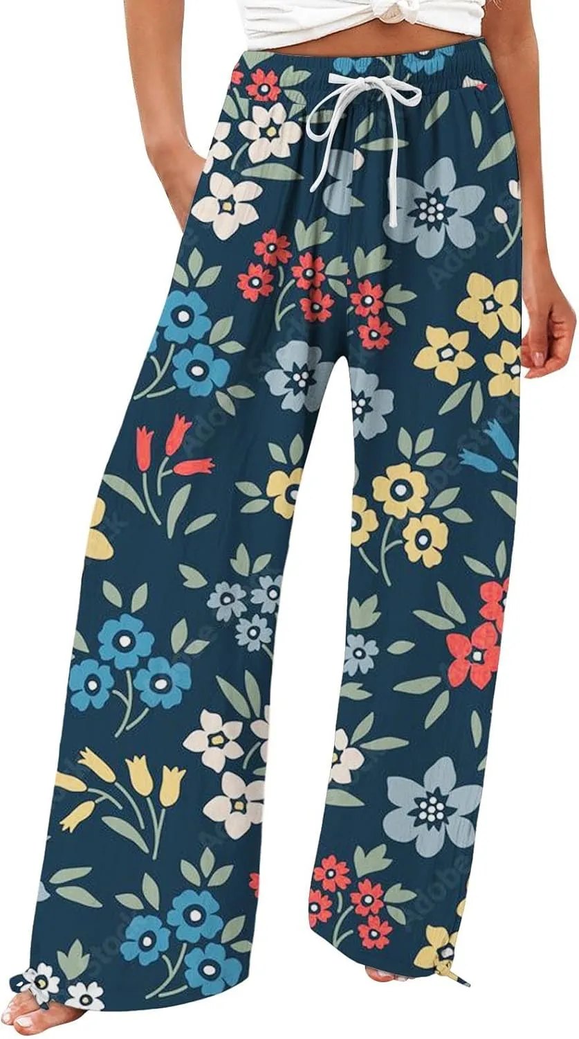 Womens Linen Pants Boho Wide Leg High Waisted Palazzo Retro Printed Pants Summer Flowy Beach Lounge Casual Clothes