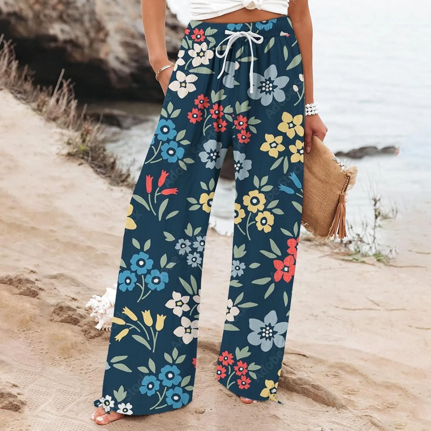 Womens Linen Pants Boho Wide Leg High Waisted Palazzo Retro Printed Pants Summer Flowy Beach Lounge Casual Clothes