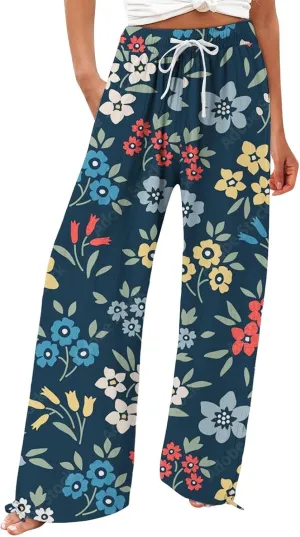 Womens Linen Pants Boho Wide Leg High Waisted Palazzo Retro Printed Pants Summer Flowy Beach Lounge Casual Clothes