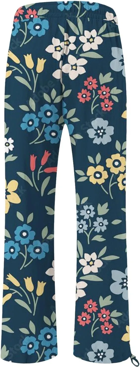 Womens Linen Pants Boho Wide Leg High Waisted Palazzo Retro Printed Pants Summer Flowy Beach Lounge Casual Clothes