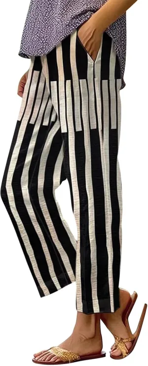 Womens Linen Pants Solid Elastic Pants Long Drawstring Linen Women Waist Cotton Casual Pants Summer Boho Wide Leg