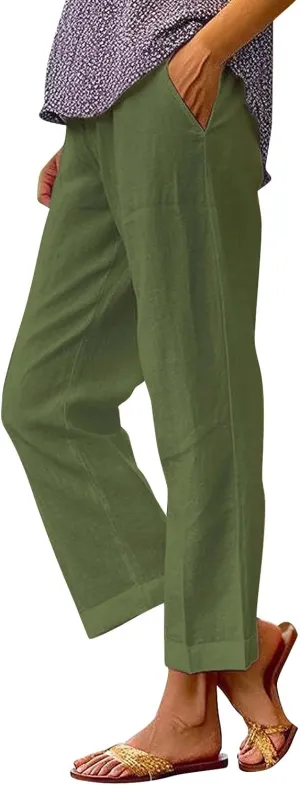 Womens Linen Pants Solid Elastic Pants Long Drawstring Linen Women Waist Cotton Casual Pants Summer Boho Wide Leg