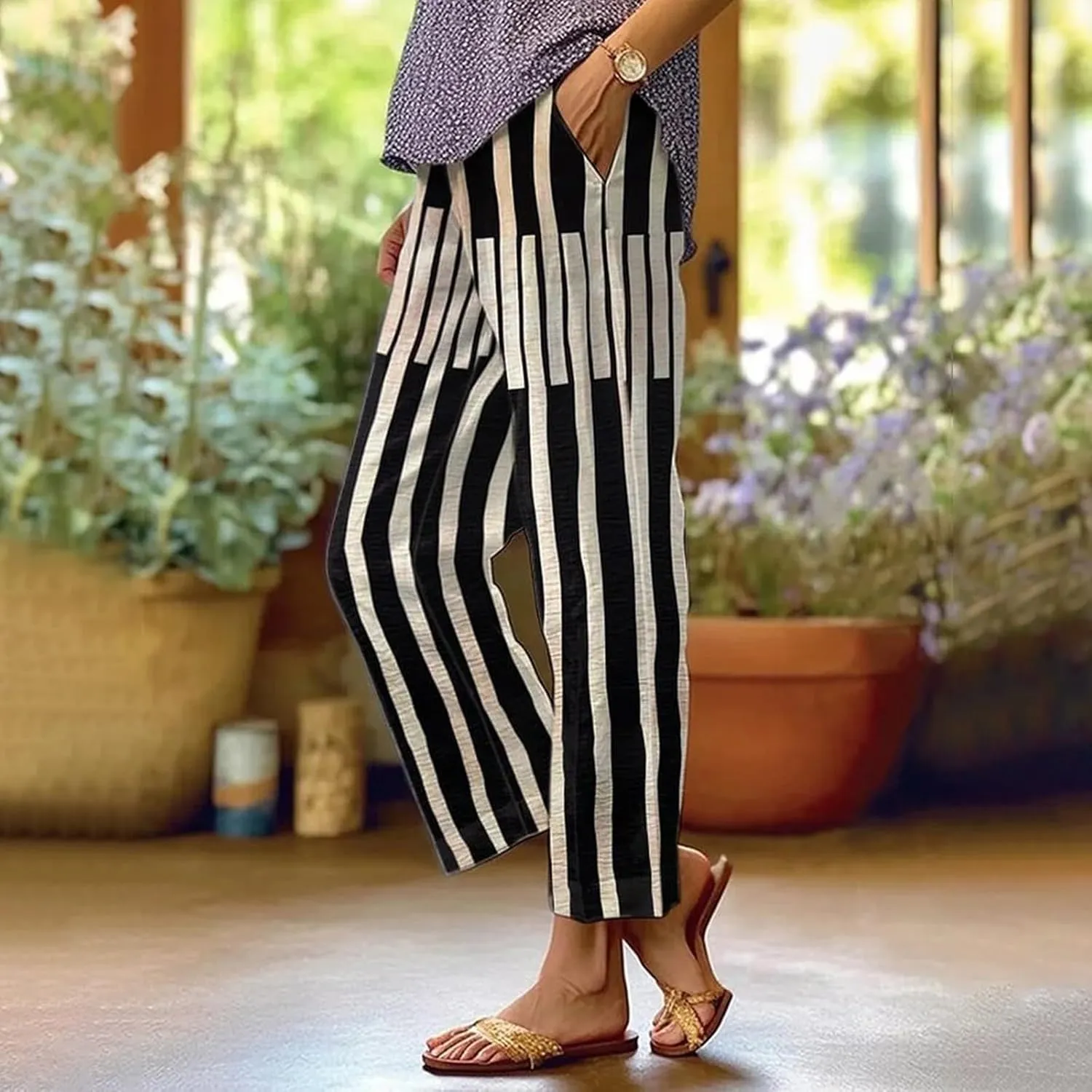 Womens Linen Pants Solid Elastic Pants Long Drawstring Linen Women Waist Cotton Casual Pants Summer Boho Wide Leg