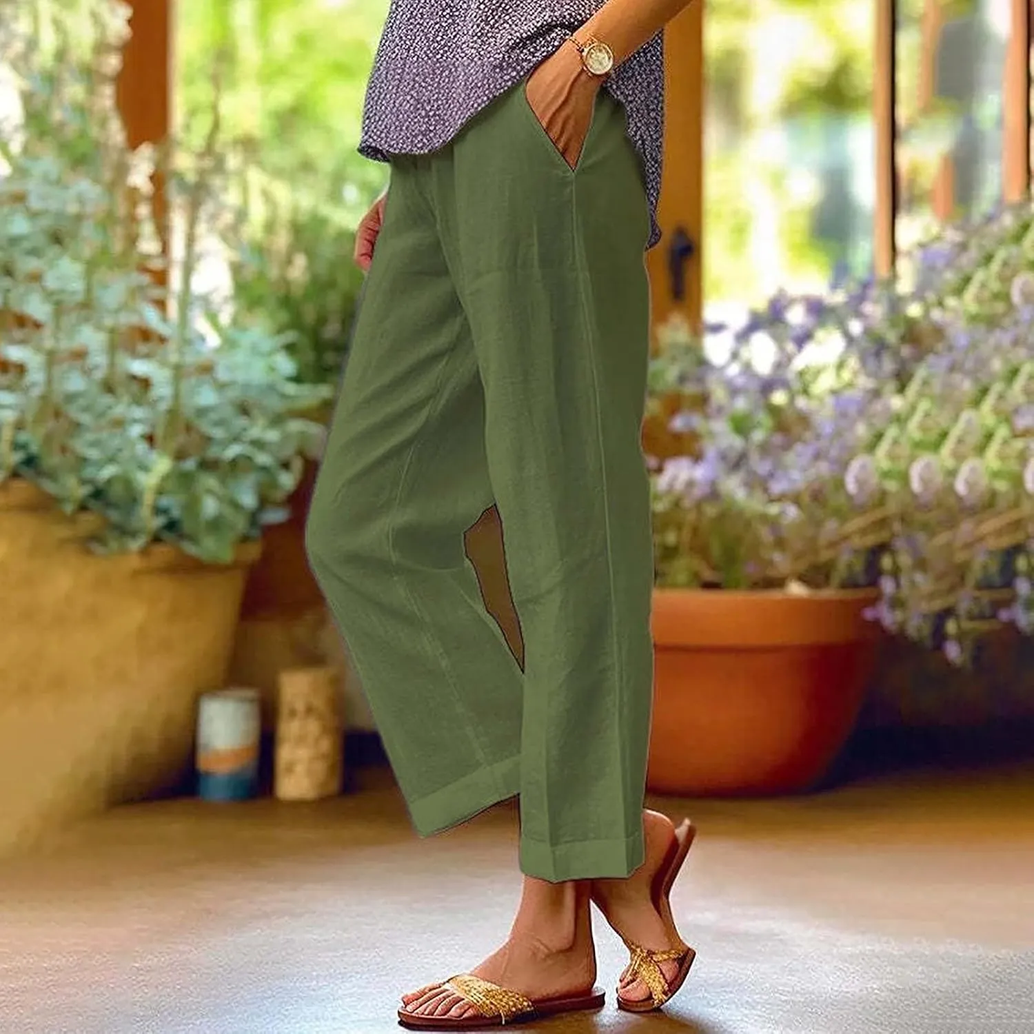 Womens Linen Pants Solid Elastic Pants Long Drawstring Linen Women Waist Cotton Casual Pants Summer Boho Wide Leg
