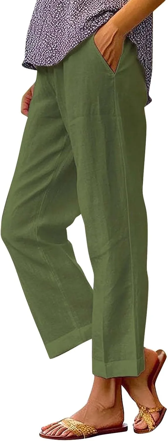 Womens Linen Pants Solid Elastic Pants Long Drawstring Linen Women Waist Cotton Casual Pants Summer Boho Wide Leg