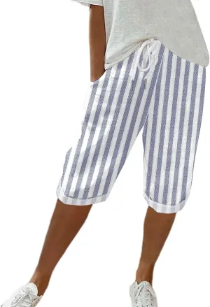 Women's Linen Summer Palazzo Pants Loose Drawstring Casual Solid Color Shorts Casual Elastic Waist Comfy Trousers