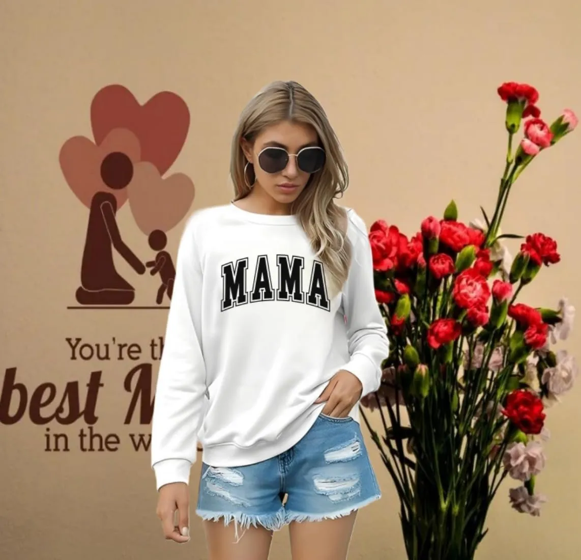 Womens Mama Sweatshirt Mom Life Shirt USA Sweatshirt Graphic American Flag Shirt Pullover Patriotic Sweater Tops