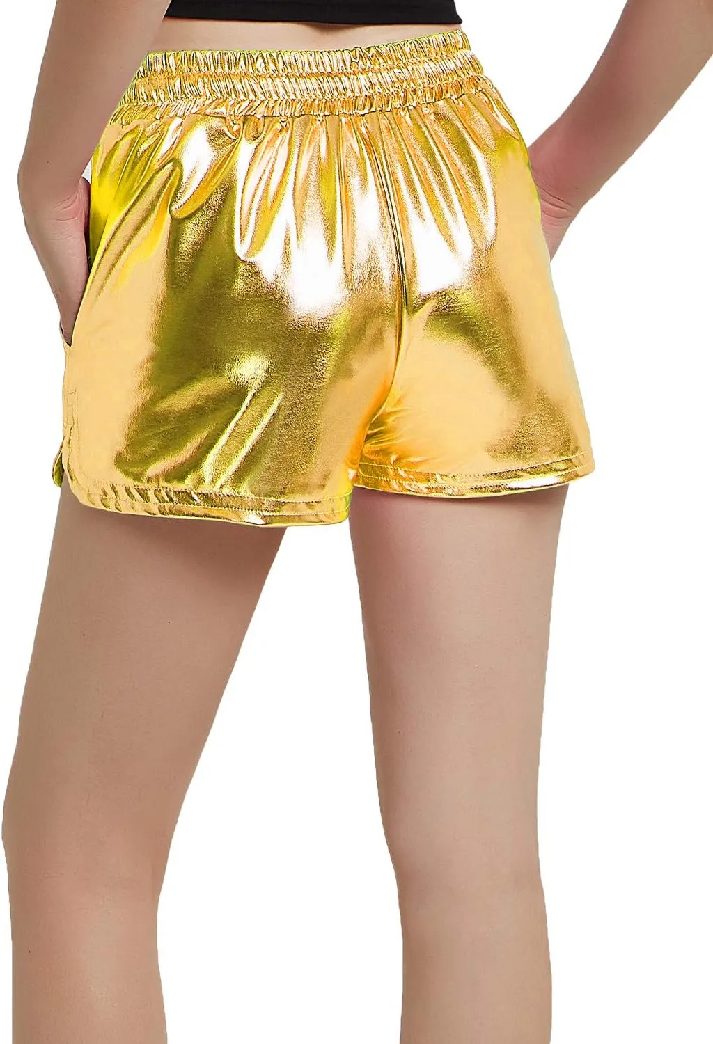 Women's Metallic Shorts Yoga Shiny Sparkly Hot Drawstring Outfit Short Pants