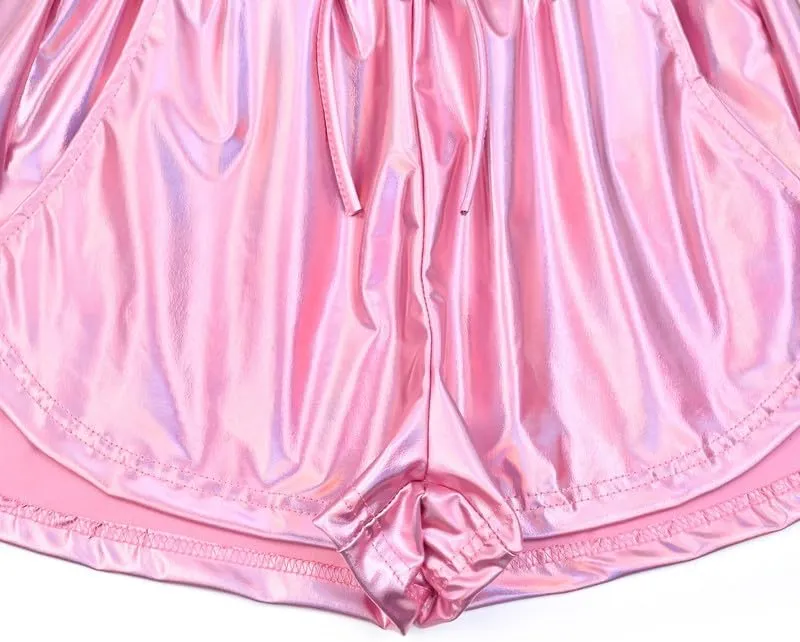 Women's Metallic Shorts Yoga Shiny Sparkly Hot Drawstring Outfit Short Pants