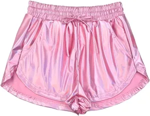 Women's Metallic Shorts Yoga Shiny Sparkly Hot Drawstring Outfit Short Pants