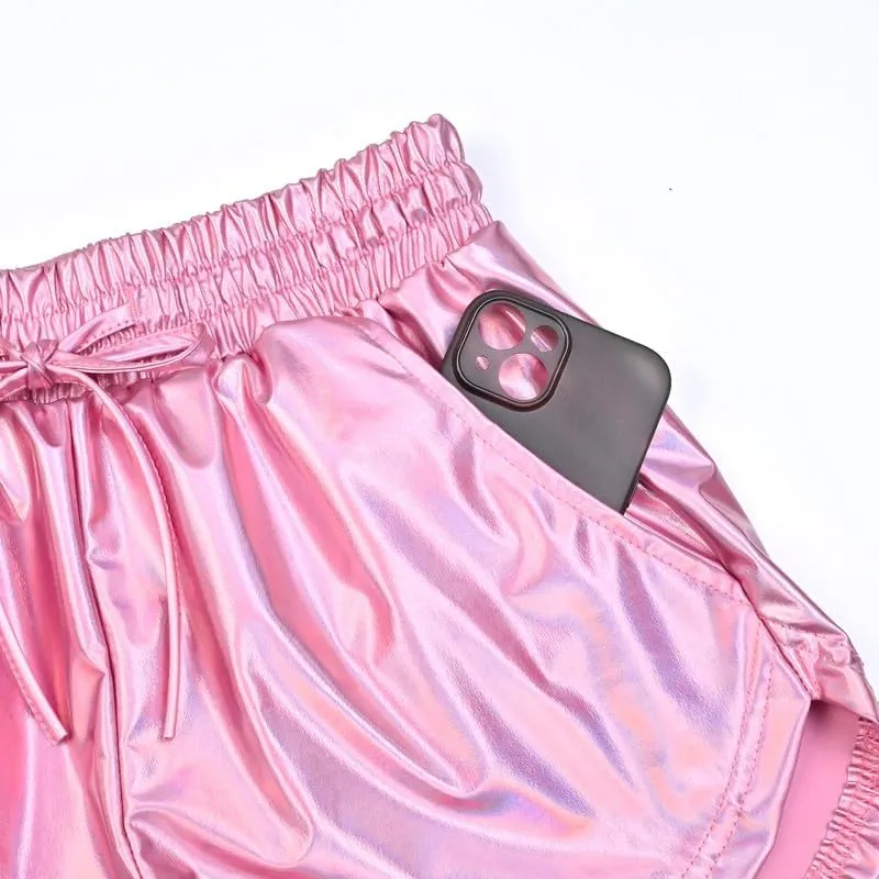 Women's Metallic Shorts Yoga Shiny Sparkly Hot Drawstring Outfit Short Pants
