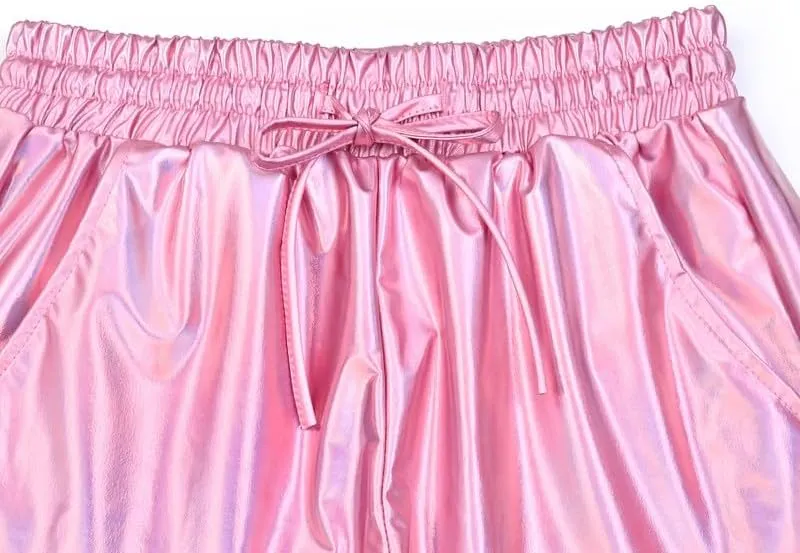 Women's Metallic Shorts Yoga Shiny Sparkly Hot Drawstring Outfit Short Pants