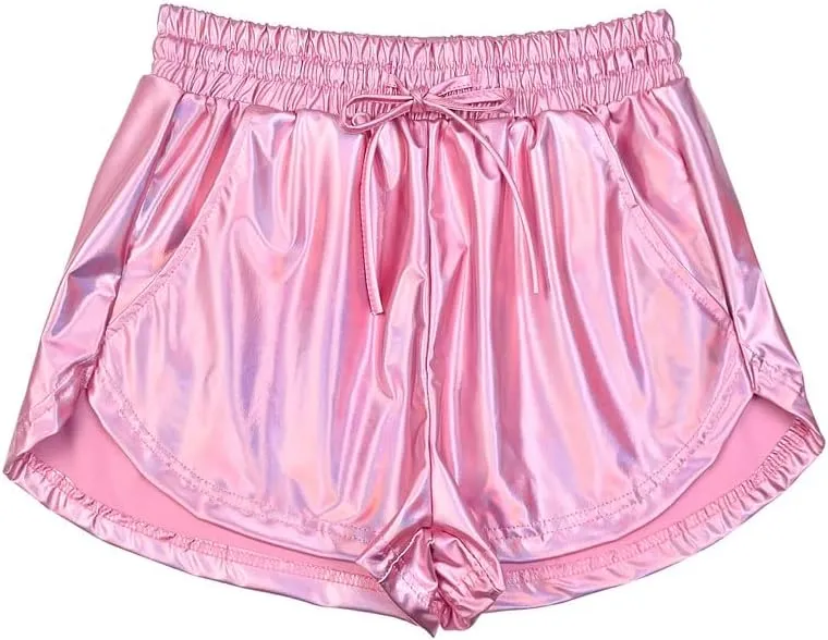 Women's Metallic Shorts Yoga Shiny Sparkly Hot Drawstring Outfit Short Pants