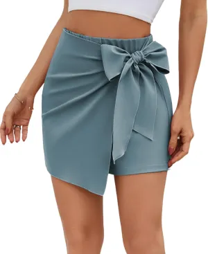 Womens Mini Wrap Skirt High Waist Knot Belted Skorts Elastic Waist Casual Loose Asymmetrical Hem Trendy Shorts