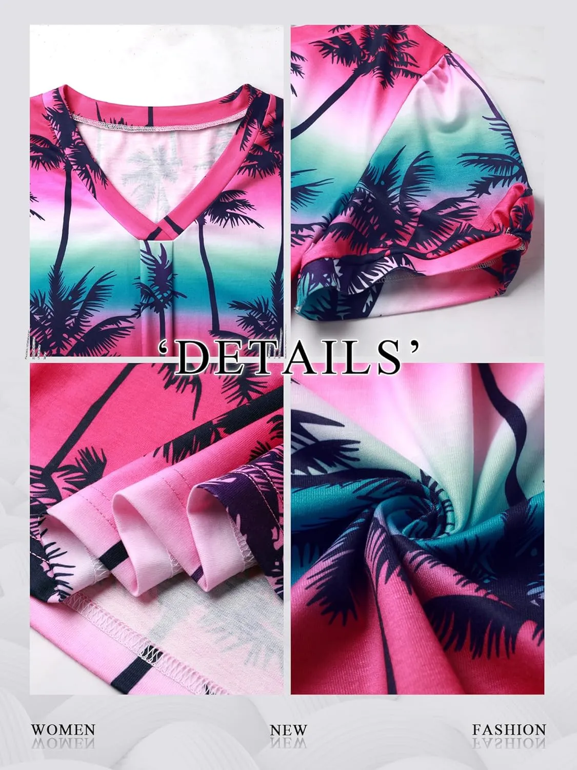 Womens Puff Short Sleeve Hawaiian Shirts Floral Tropic Printed Pleated V Neck Summer Casual T-Shirt Trendy Boho Blouses Tops