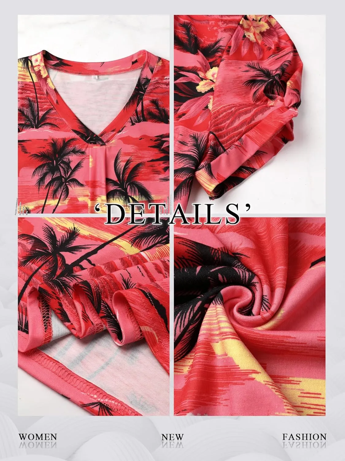 Womens Puff Short Sleeve Hawaiian Shirts Floral Tropic Printed Pleated V Neck Summer Casual T-Shirt Trendy Boho Blouses Tops