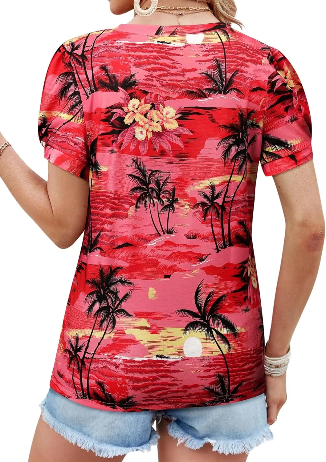 Womens Puff Short Sleeve Hawaiian Shirts Floral Tropic Printed Pleated V Neck Summer Casual T-Shirt Trendy Boho Blouses Tops