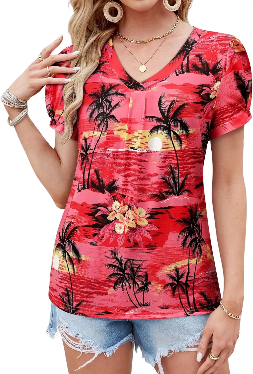 Womens Puff Short Sleeve Hawaiian Shirts Floral Tropic Printed Pleated V Neck Summer Casual T-Shirt Trendy Boho Blouses Tops