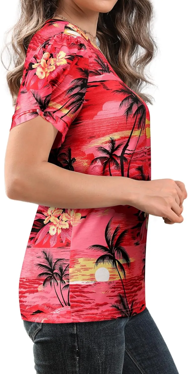 Womens Puff Short Sleeve Hawaiian Shirts Floral Tropic Printed Pleated V Neck Summer Casual T-Shirt Trendy Boho Blouses Tops