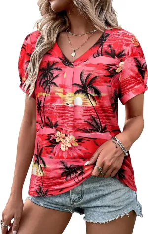 Womens Puff Short Sleeve Hawaiian Shirts Floral Tropic Printed Pleated V Neck Summer Casual T-Shirt Trendy Boho Blouses Tops