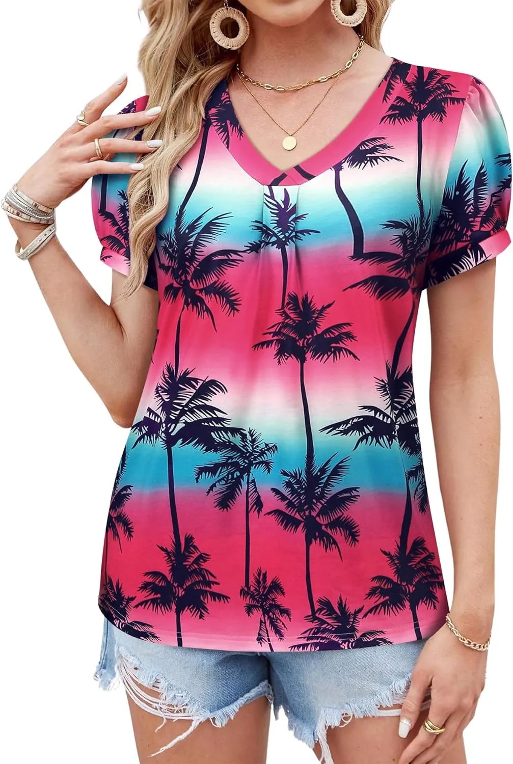 Womens Puff Short Sleeve Hawaiian Shirts Floral Tropic Printed Pleated V Neck Summer Casual T-Shirt Trendy Boho Blouses Tops