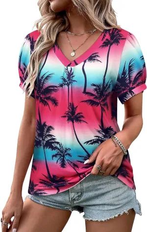Womens Puff Short Sleeve Hawaiian Shirts Floral Tropic Printed Pleated V Neck Summer Casual T-Shirt Trendy Boho Blouses Tops