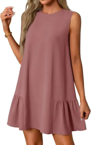 Women's Ruffle Hem Sleeveless Tank Dress Round Neck Casual Jacquard Hem Smock Summer Mini Dresses Sleeveless Dress for Women