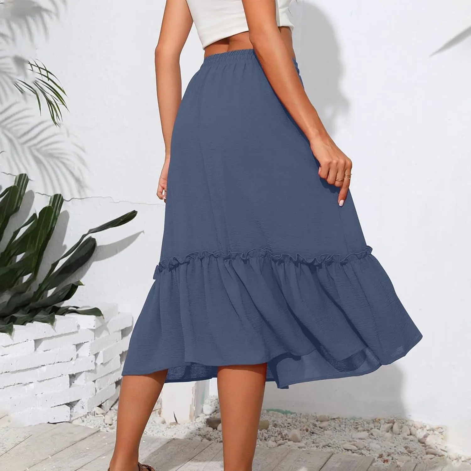 Womens Ruffle Skirts with Pockets, Ladies Summer Casual Beach Skirt Bohemian Mid Calf Length Skirts 2025 Trendy