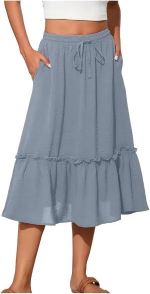 Womens Ruffle Skirts with Pockets, Ladies Summer Casual Beach Skirt Bohemian Mid Calf Length Skirts 2025 Trendy