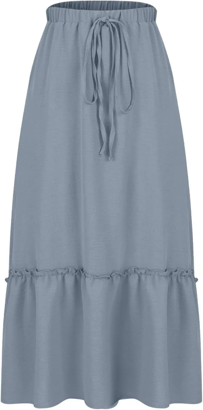 Womens Ruffle Skirts with Pockets, Ladies Summer Casual Beach Skirt Bohemian Mid Calf Length Skirts 2025 Trendy