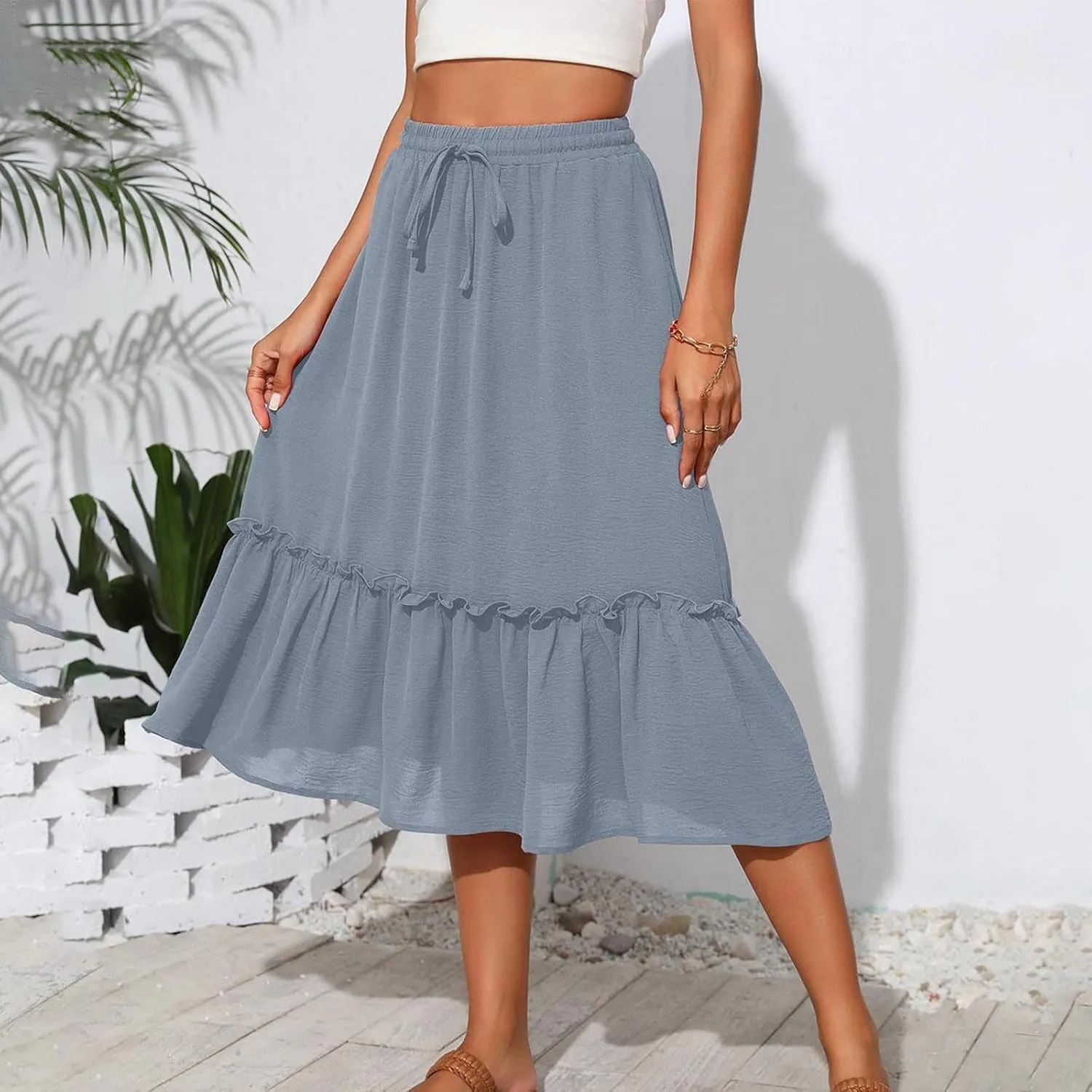 Womens Ruffle Skirts with Pockets, Ladies Summer Casual Beach Skirt Bohemian Mid Calf Length Skirts 2025 Trendy