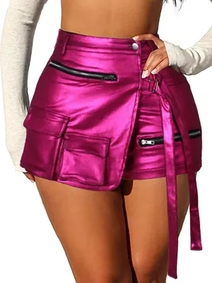 Women's Sexy High Waisted Metallic Faux Leather Wrap Mini Skirt Shorts Plus Size Cargo Skort