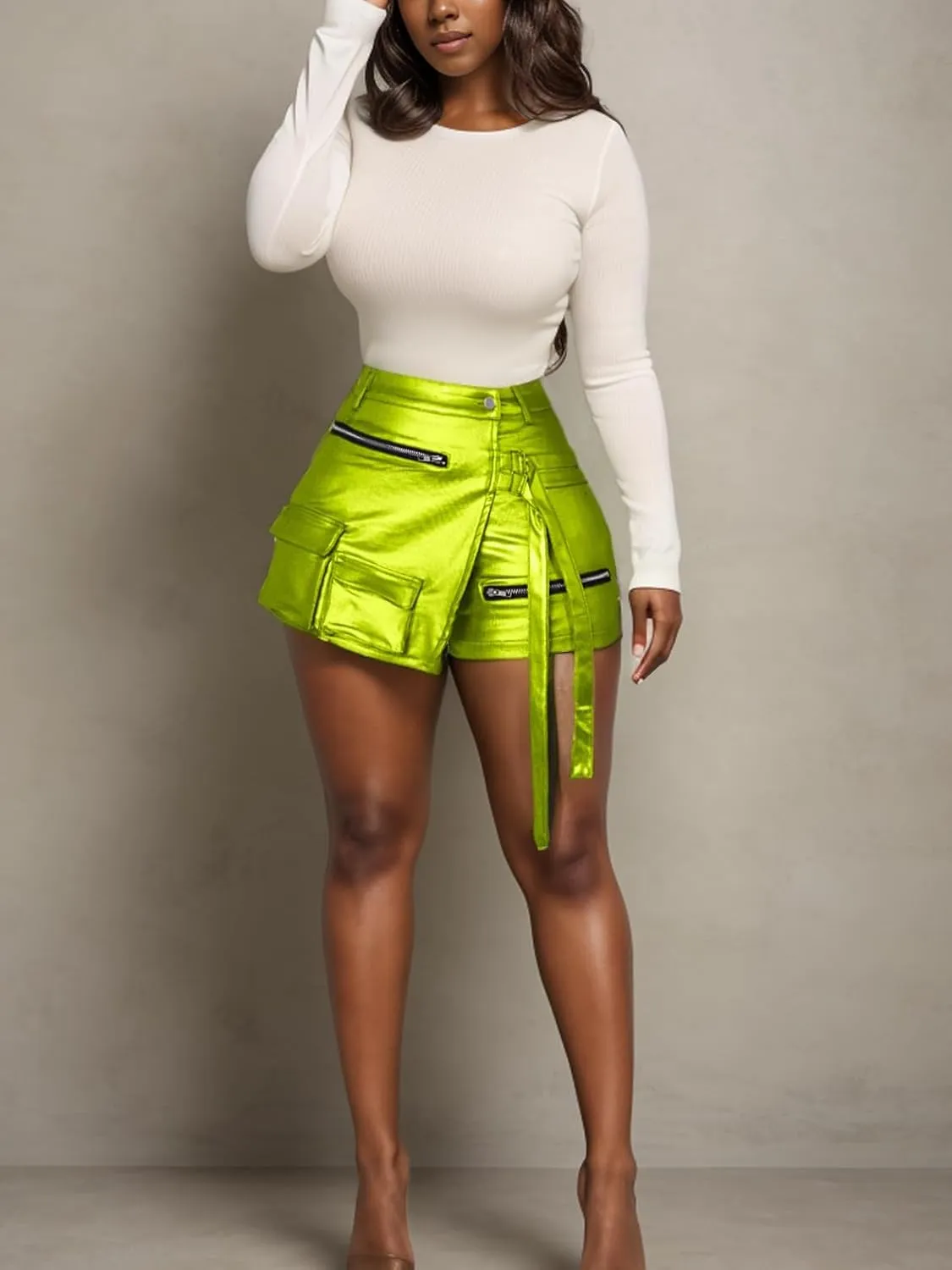 Women's Sexy High Waisted Metallic Faux Leather Wrap Mini Skirt Shorts Plus Size Cargo Skort