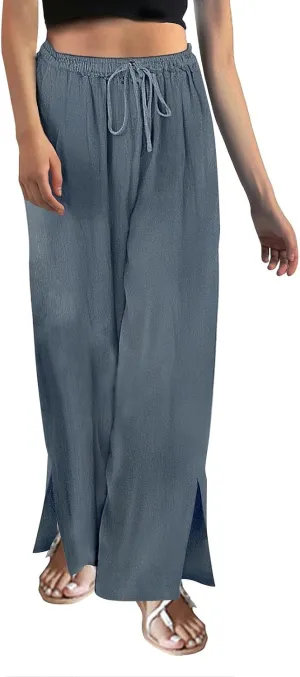 Women's Summer Drawstring Waist Drawstring Pants Gingham Casual Striped Slacks Wide Leg Beach Pants for Women Cotton