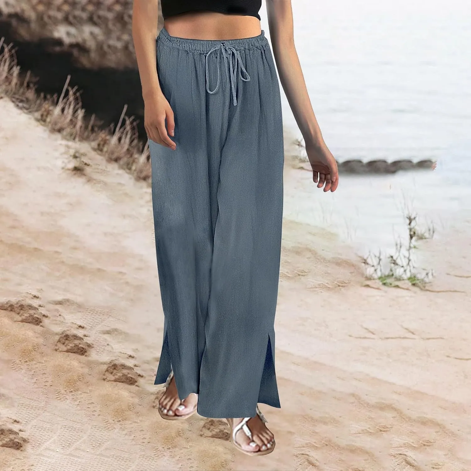 Women's Summer Drawstring Waist Drawstring Pants Gingham Casual Striped Slacks Wide Leg Beach Pants for Women Cotton