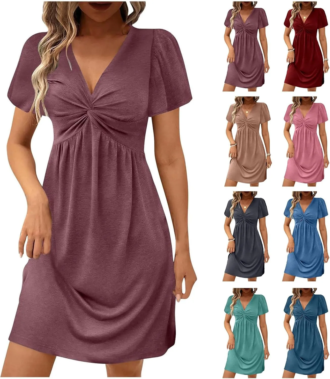 Women's Summer Short Sleeve Casual Dresses Twist Front V Neck Ruffle Mini Dresses Elegant Club Party Bodycon Dress