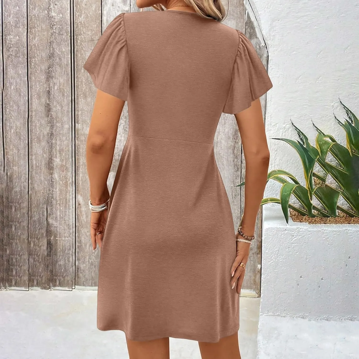 Women's Summer Short Sleeve Casual Dresses Twist Front V Neck Ruffle Mini Dresses Elegant Club Party Bodycon Dress