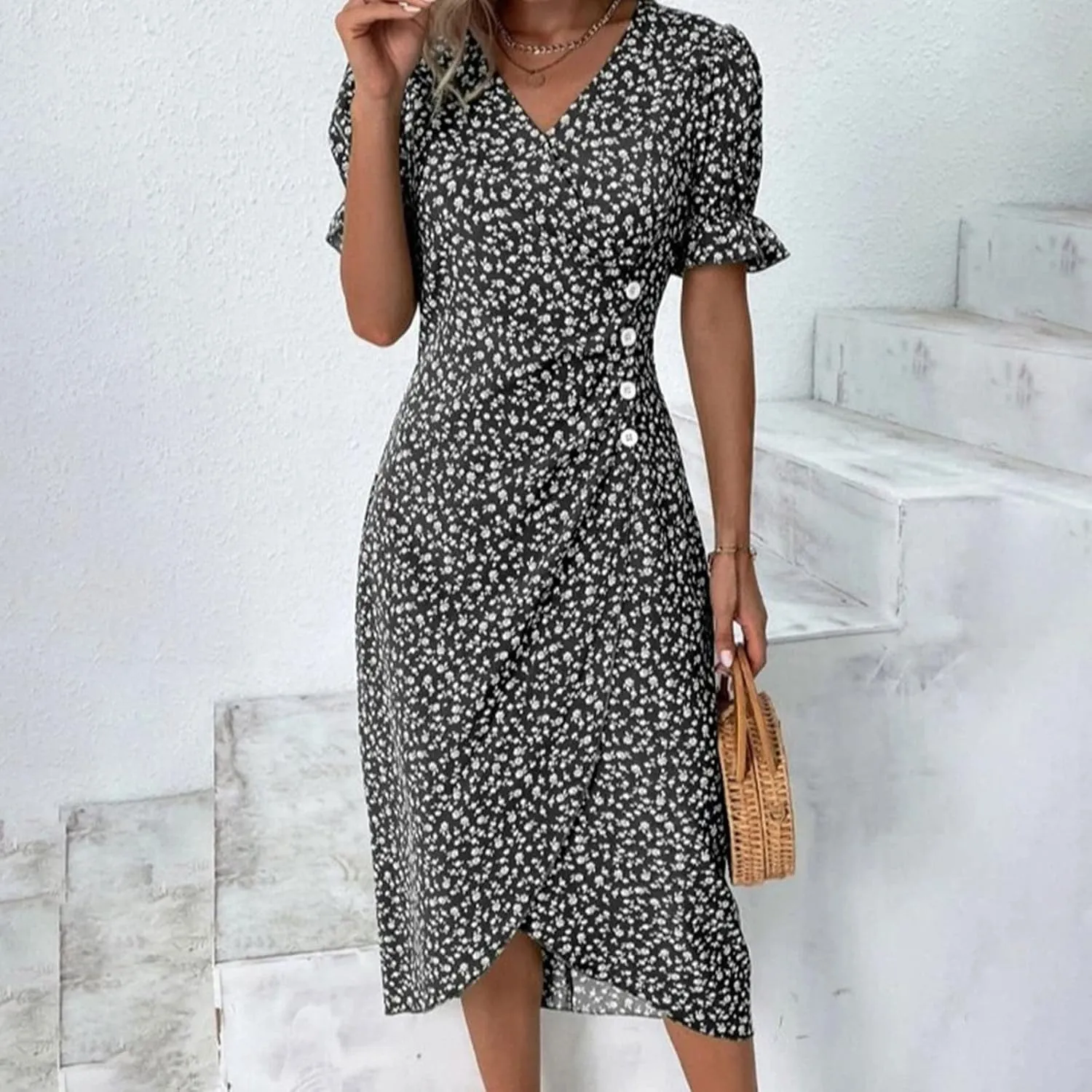 Womens Sun dress Summer Floral Short Sleeveless Wrap V Neck A-Line Midi Dress Beach Travel Vacation Outfits