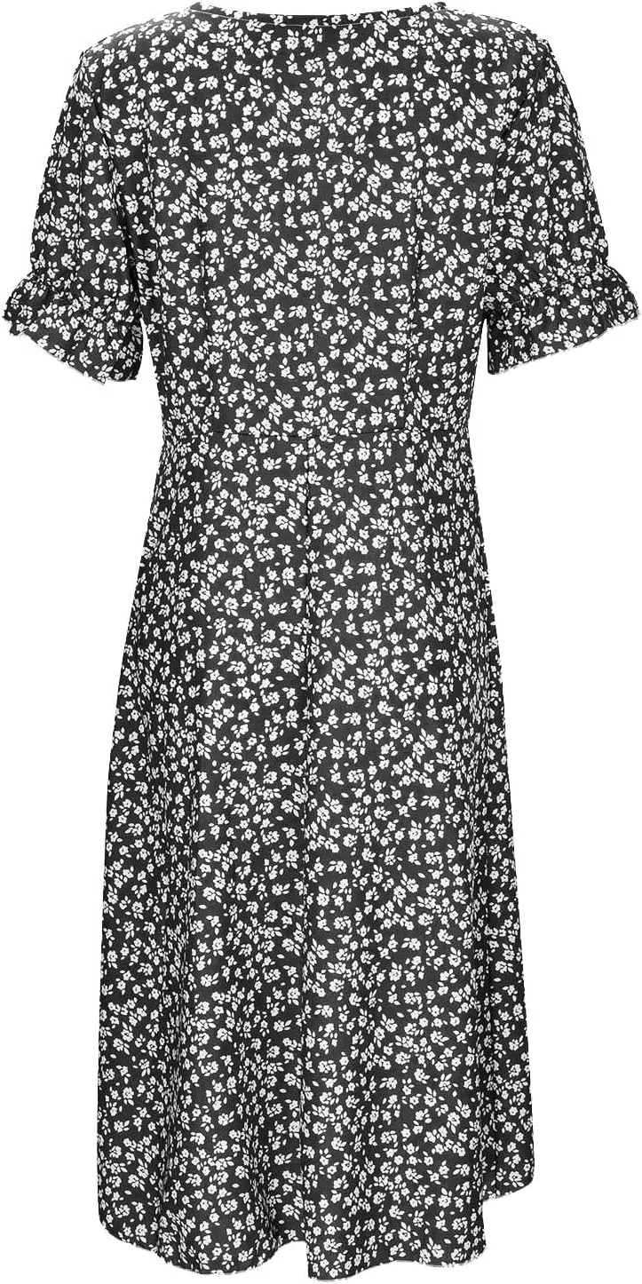 Womens Sun dress Summer Floral Short Sleeveless Wrap V Neck A-Line Midi Dress Beach Travel Vacation Outfits