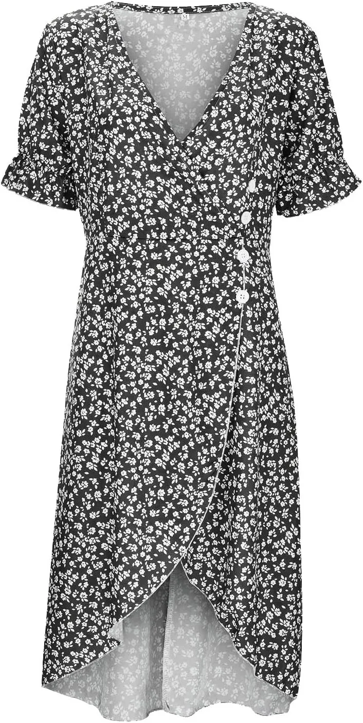 Womens Sun dress Summer Floral Short Sleeveless Wrap V Neck A-Line Midi Dress Beach Travel Vacation Outfits