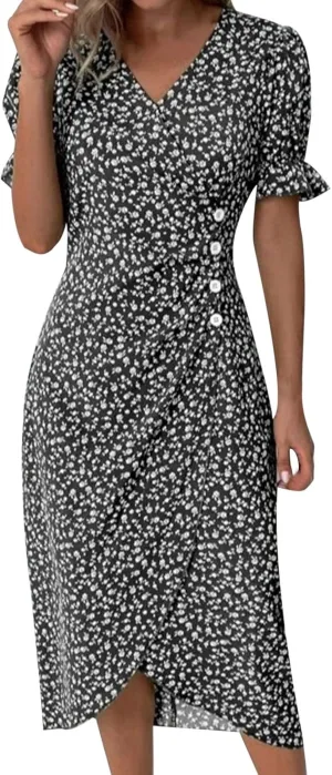 Womens Sun dress Summer Floral Short Sleeveless Wrap V Neck A-Line Midi Dress Beach Travel Vacation Outfits