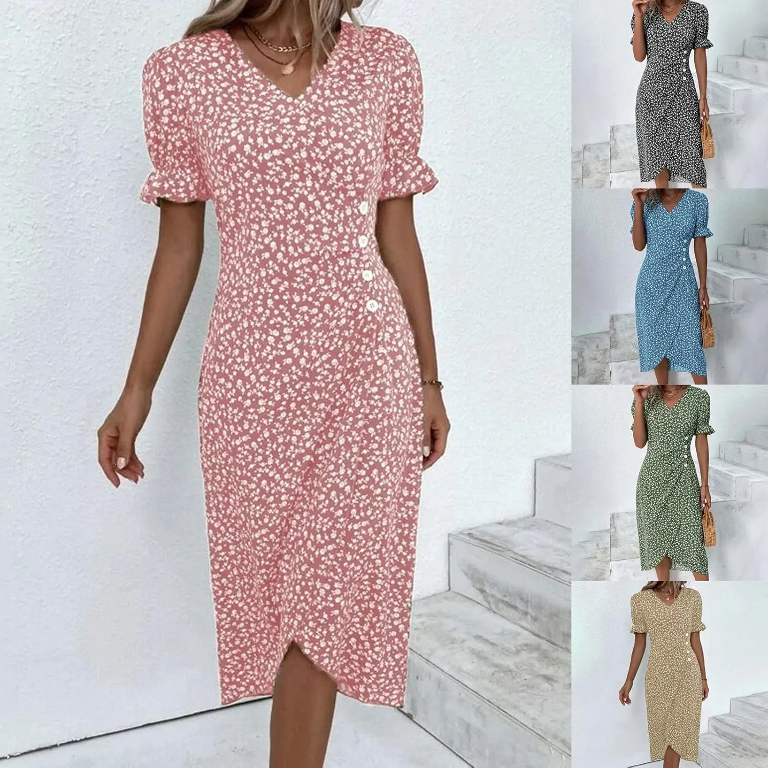 Womens Sun dress Summer Floral Short Sleeveless Wrap V Neck A-Line Midi Dress Beach Travel Vacation Outfits