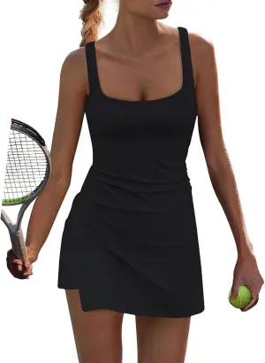 Womens Tennis Dress with Built in Shorts Square Neck Racerback Athletic Dress Workout Golf