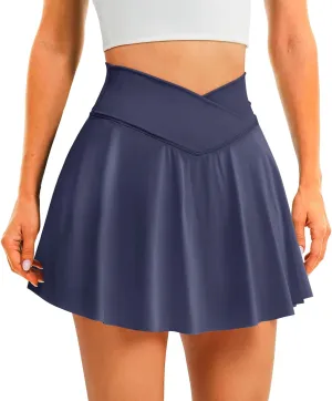 Womens Tennis Skirt with Pockets Shorts Crossover High Waisted Athletic Skorts Skirts for Golf Running Workout