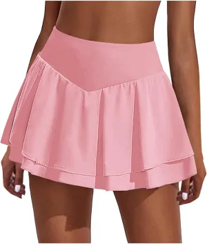 Women's Tennis Skorts Fashion Ruffle High-Waisted Skirt with Built-in Shorts Summer Solid Athletic Running Clothes