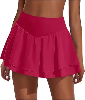 Women's Tennis Skorts Fashion Ruffle High-Waisted Skirt with Built-in Shorts Summer Solid Athletic Running Clothes