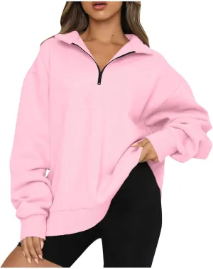 Womens Tops Long Sleeve Half Zip Sweatshirts Solid Color Lapel Pullover Casual Fashion Blouse Trendy Loose Fit Tops