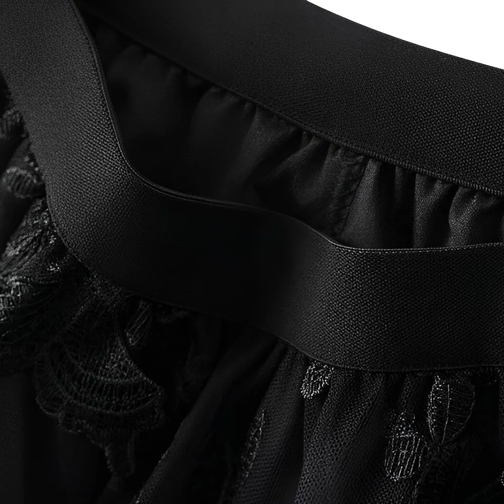 Womens Tulle Tutu Skirt A-Line Midi Mini Skirt Elastic High Waist Layer Skirt Floral Print Mesh Pleated Swing Dresses